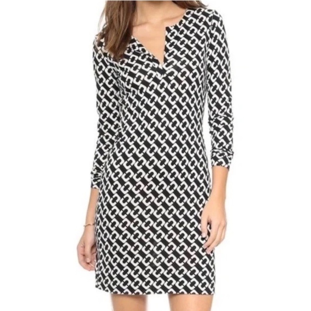 Diane von Furstenberg Reina Silk Chain Link Black Tan Mini Dress DVF Women's‎ 6